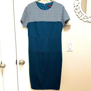 Hal Rubenstein Darra Checkered-Top Teal Sheath Dress M Fitted Short Sleeve NEW
